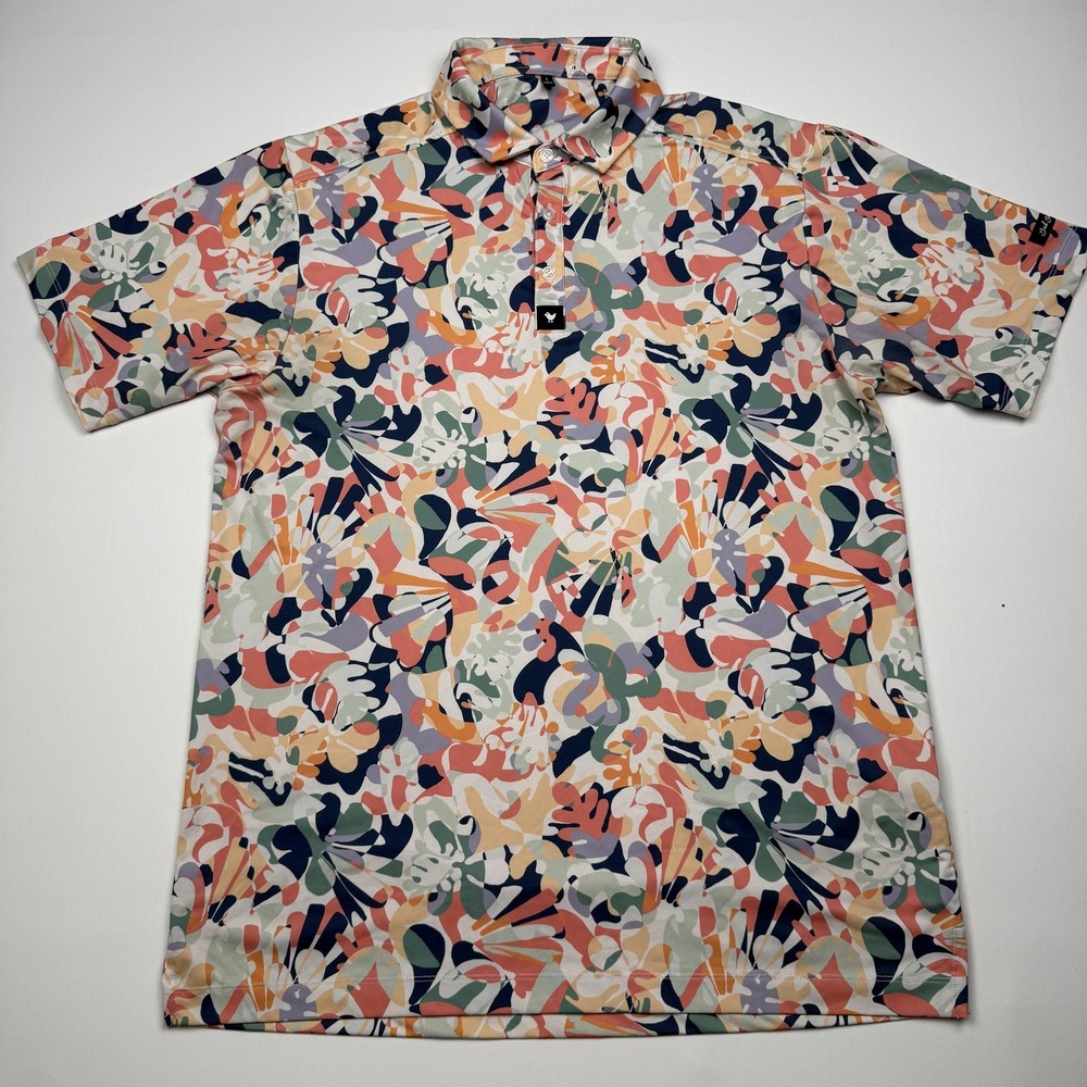 Bad Birdie Polo Shirt Mens Large Multi Floral Print Golf Performance Stretch